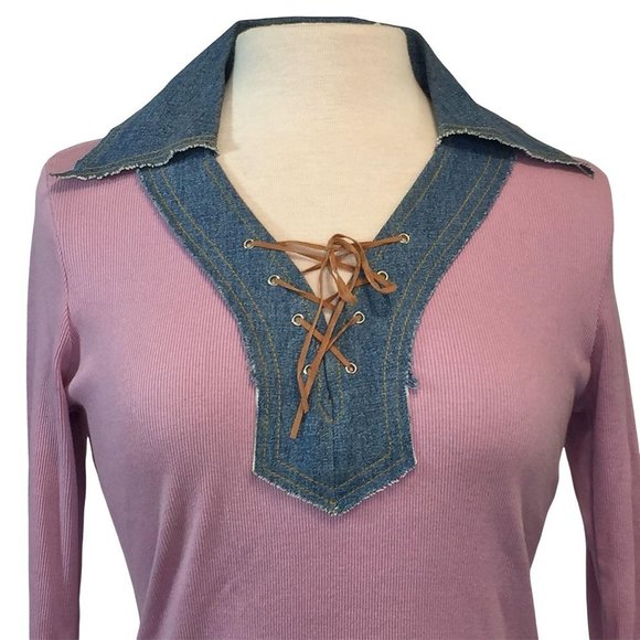 Vintage 1980’s Bubblegum Pullover Top L Womens Denim Collar and Lace-Up Inset Bo - Picture 4 of 8